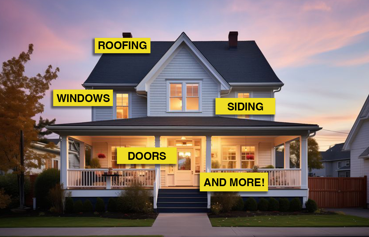 A grey house at sunset with Tri-state services overlaid: Roofing, Windows, Siding, Doors and More